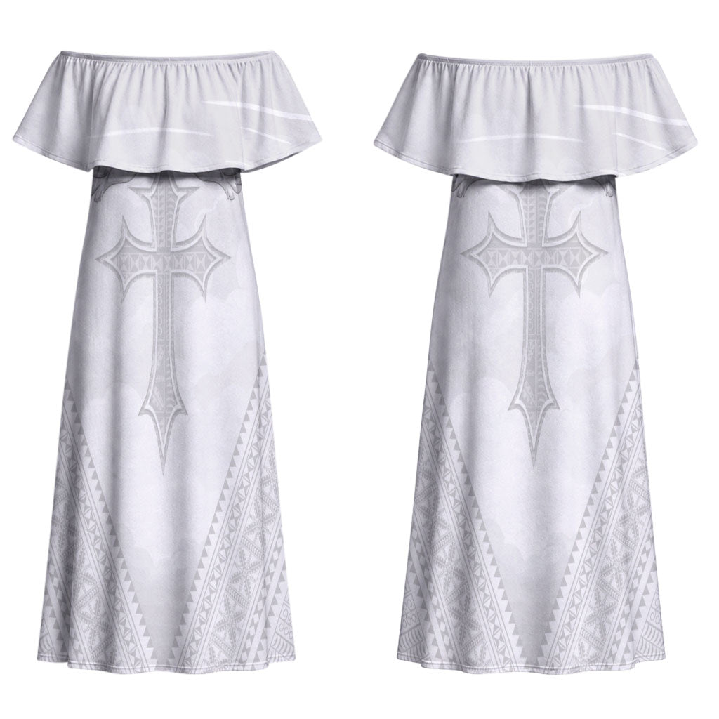 Peniamina Gospel Day Niue Couples Matching Off Shoulder Maxi Dress and Hawaiian Shirt Cross Dove Hiapo Pattern White LT14 - Polynesian Pride
