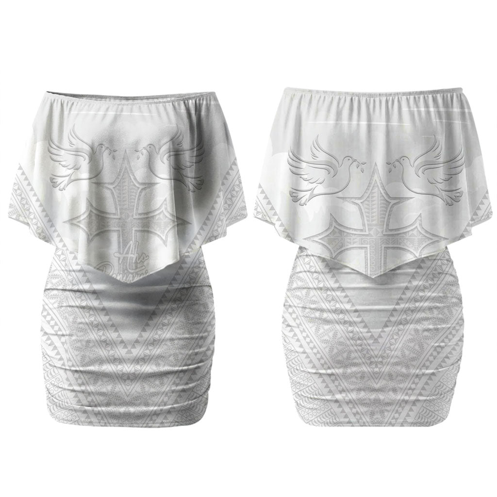 Peniamina Gospel Day Niue Couples Matching Off Shoulder Short Dress and Hawaiian Shirt Cross Dove Hiapo Pattern White LT14 - Polynesian Pride