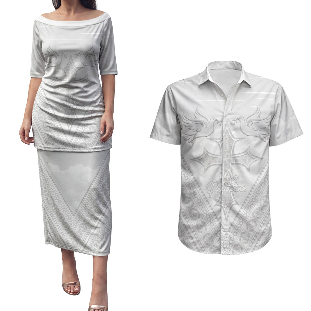 Peniamina Gospel Day Niue Couples Matching Puletasi and Hawaiian Shirt Cross Dove Hiapo Pattern White LT14 White - Polynesian Pride