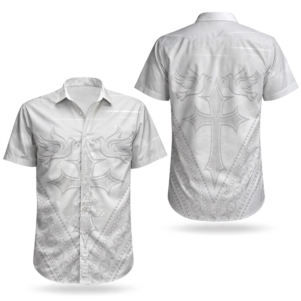 Peniamina Gospel Day Niue Couples Matching Puletasi and Hawaiian Shirt Cross Dove Hiapo Pattern White LT14 - Polynesian Pride