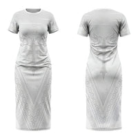Peniamina Gospel Day Niue Couples Matching Short Sleeve Bodycon Dress and Long Sleeve Button Shirt Cross Dove Hiapo Pattern White LT14 - Polynesian Pride