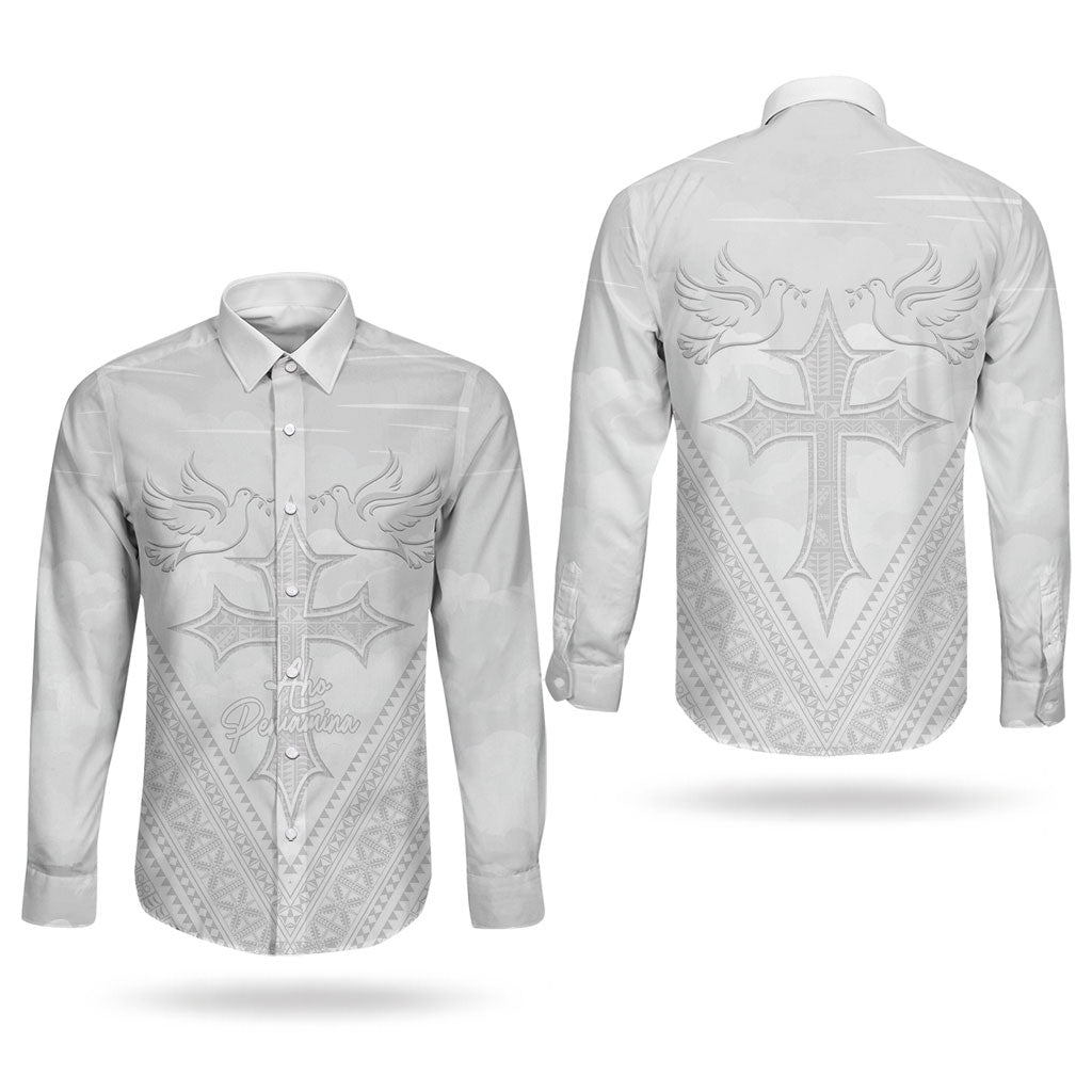 Peniamina Gospel Day Niue Couples Matching Summer Maxi Dress and Long Sleeve Button Shirt Cross Dove Hiapo Pattern White LT14 - Polynesian Pride