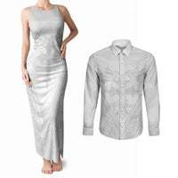 Peniamina Gospel Day Niue Couples Matching Tank Maxi Dress and Long Sleeve Button Shirt Cross Dove Hiapo Pattern White LT14 White - Polynesian Pride