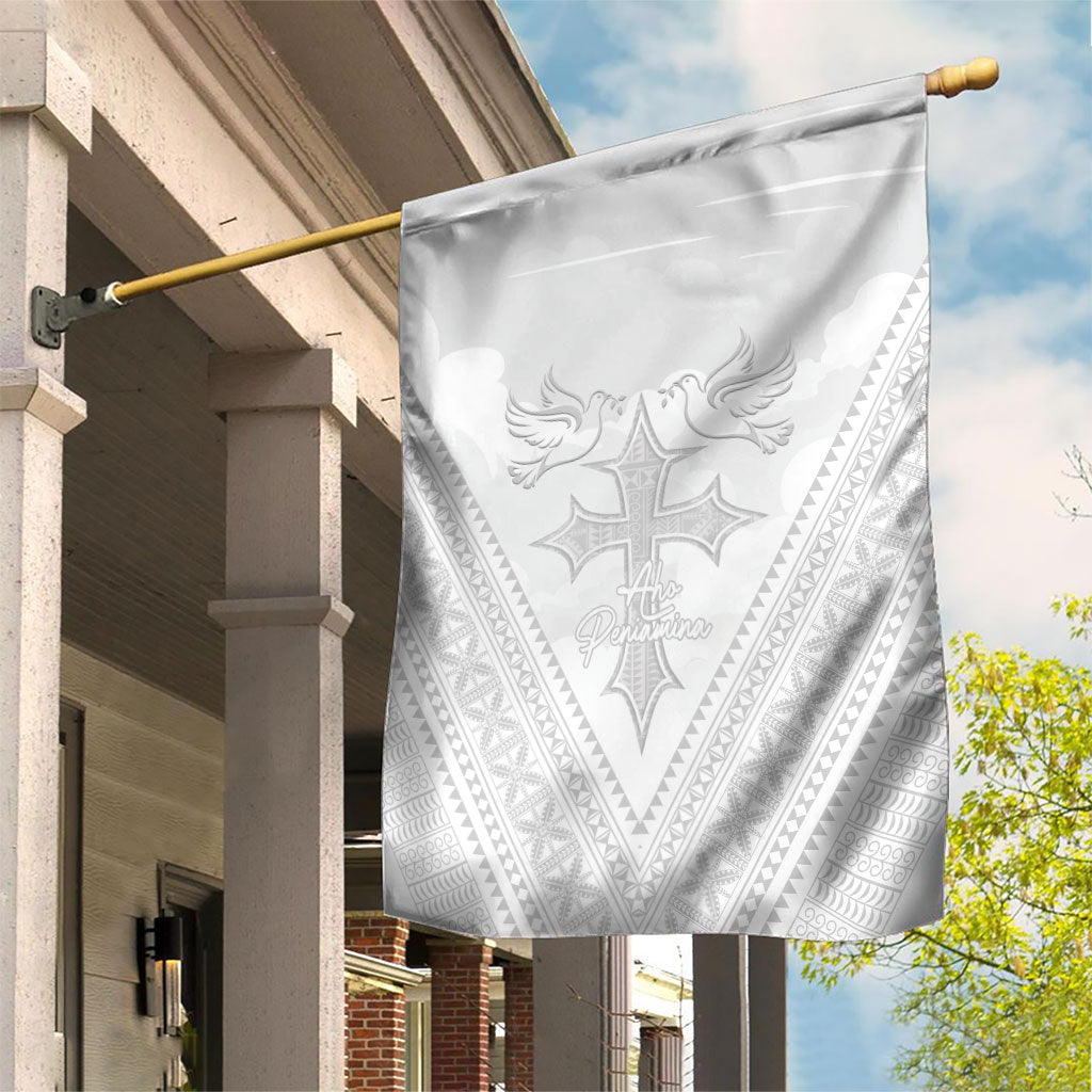 Peniamina Gospel Day Niue Garden Flag Cross Dove Hiapo Pattern White LT14 House Flag White - Polynesian Pride