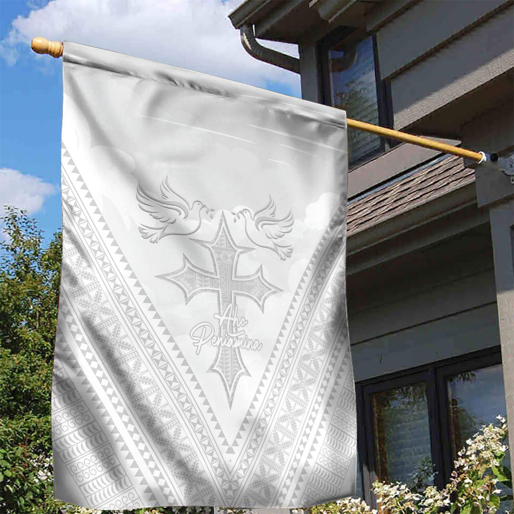Peniamina Gospel Day Niue Garden Flag Cross Dove Hiapo Pattern White LT14 - Polynesian Pride