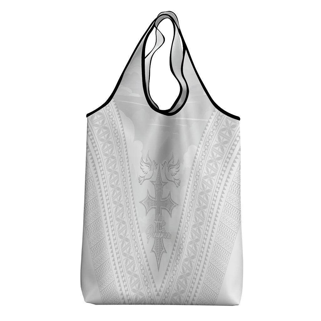 Peniamina Gospel Day Niue Grocery Bag Cross Dove Hiapo Pattern White LT14 - Polynesian Pride