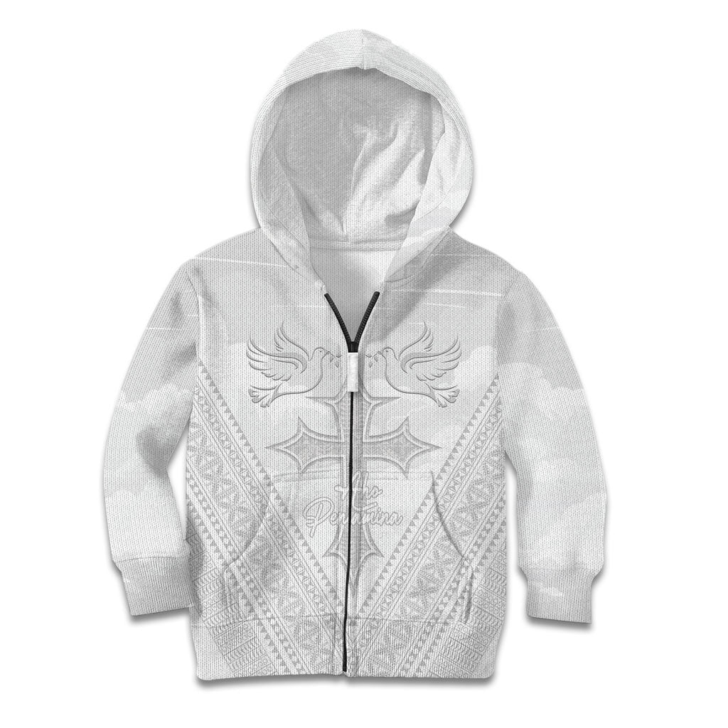 Peniamina Gospel Day Niue Kid Hoodie Cross Dove Hiapo Pattern White LT14 Zip Hoodie White - Polynesian Pride