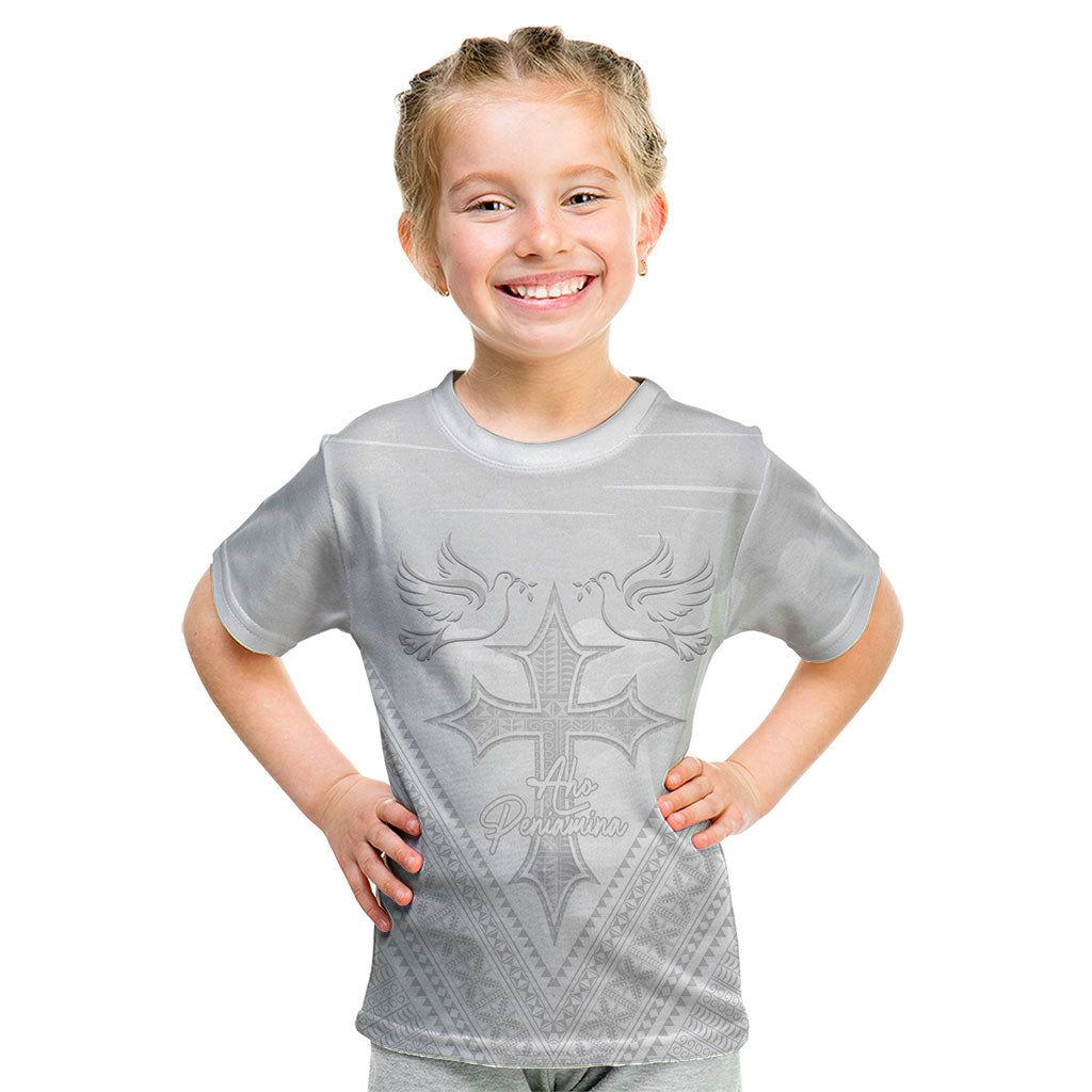 Peniamina Gospel Day Niue Kid T Shirt Cross Dove Hiapo Pattern White LT14 White - Polynesian Pride