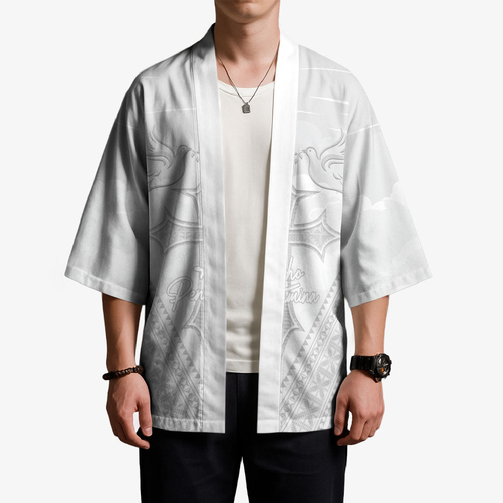 Peniamina Gospel Day Niue Kimono Cross Dove Hiapo Pattern White LT14 - Polynesian Pride
