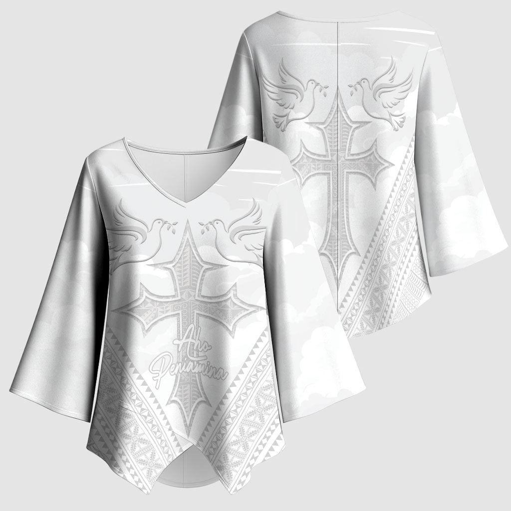 Peniamina Gospel Day Niue Kimono Sleeve Blouse Cross Dove Hiapo Pattern White LT14 - Polynesian Pride