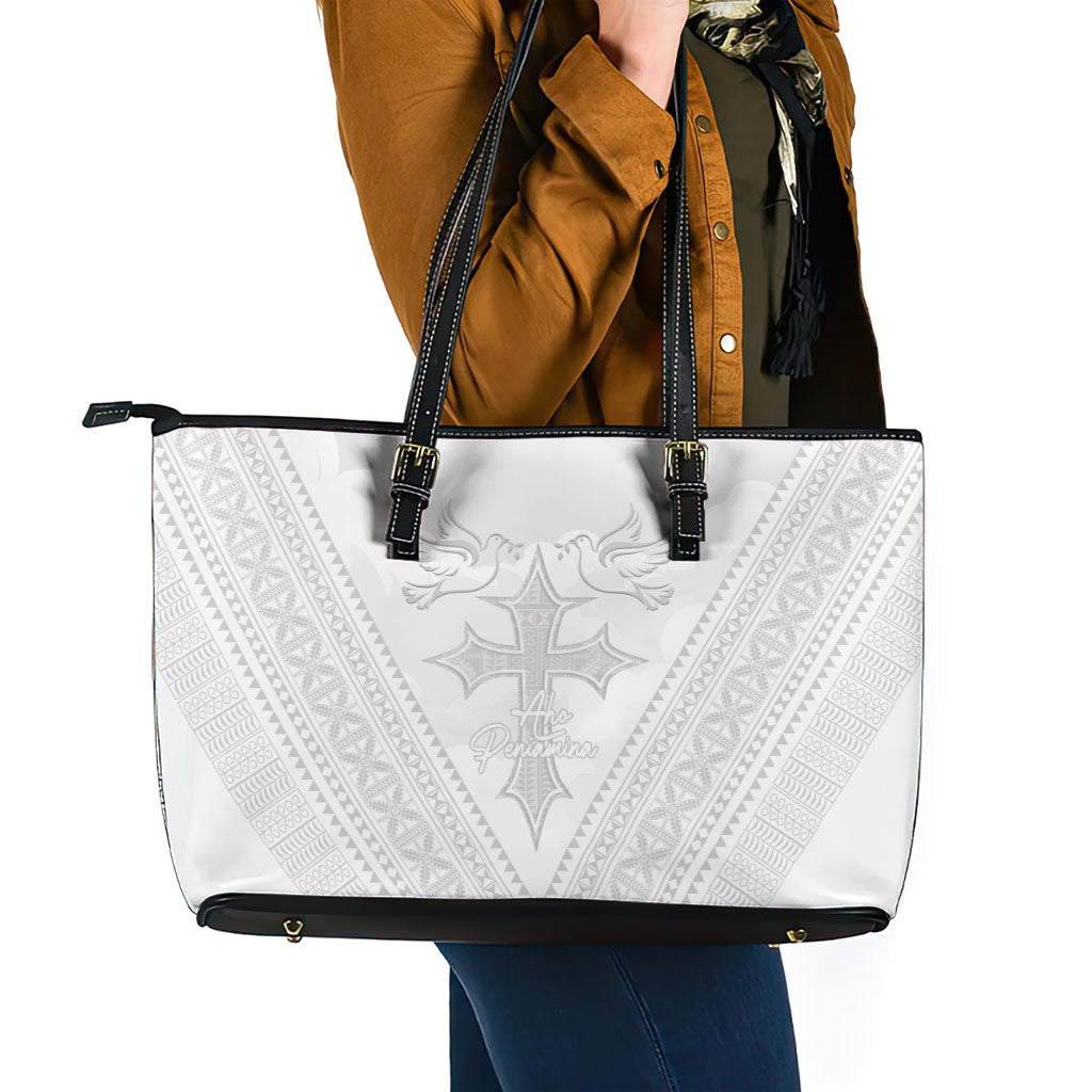 Peniamina Gospel Day Niue Leather Tote Bag Cross Dove Hiapo Pattern White LT14 - Polynesian Pride