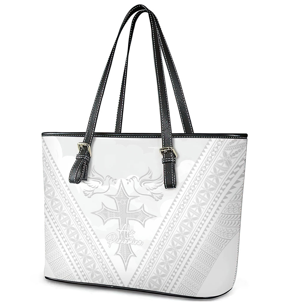 Peniamina Gospel Day Niue Leather Tote Bag Cross Dove Hiapo Pattern White LT14 - Polynesian Pride