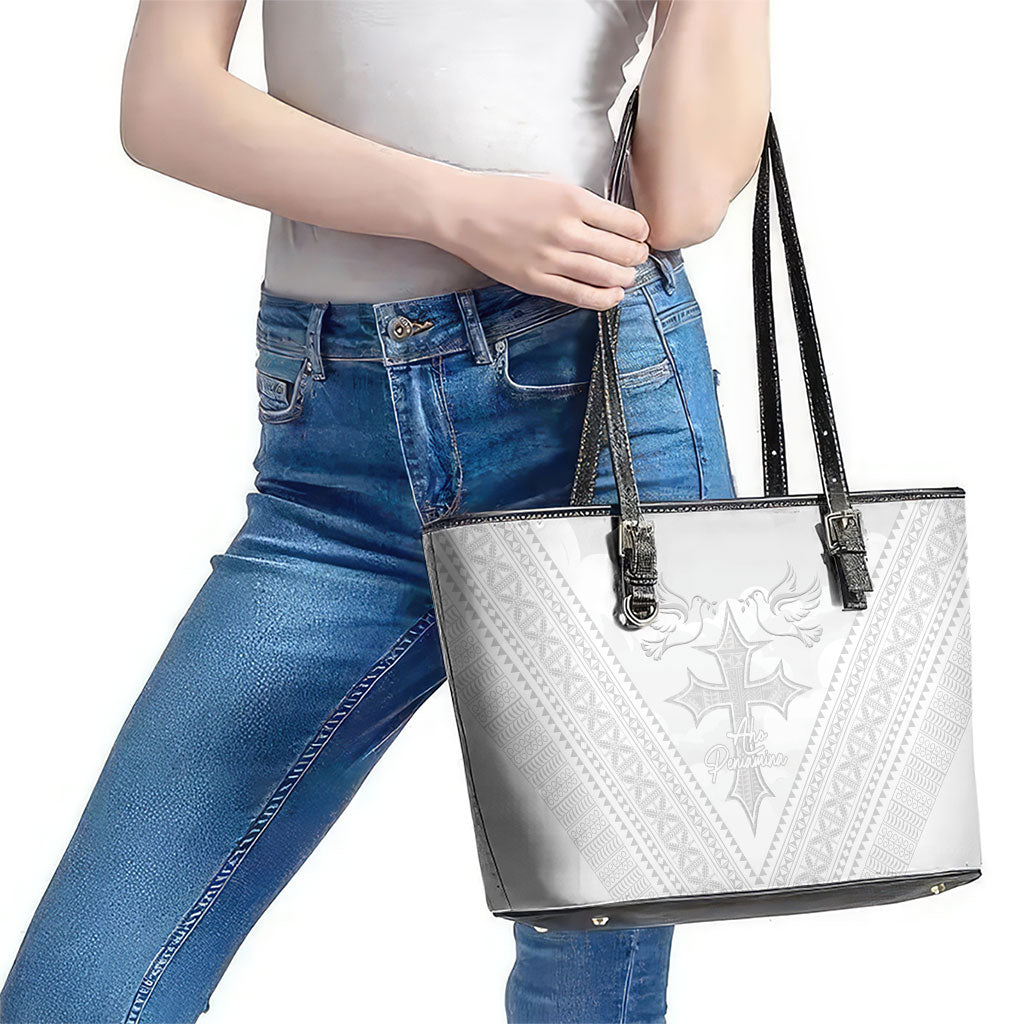 Peniamina Gospel Day Niue Leather Tote Bag Cross Dove Hiapo Pattern White LT14 - Polynesian Pride