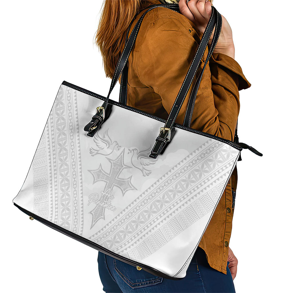 Peniamina Gospel Day Niue Leather Tote Bag Cross Dove Hiapo Pattern White LT14 - Polynesian Pride