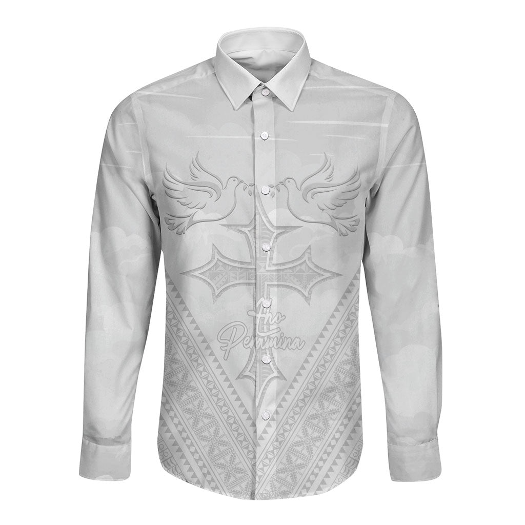 Peniamina Gospel Day Niue Long Sleeve Button Shirt Cross Dove Hiapo Pattern White LT14 Unisex White - Polynesian Pride