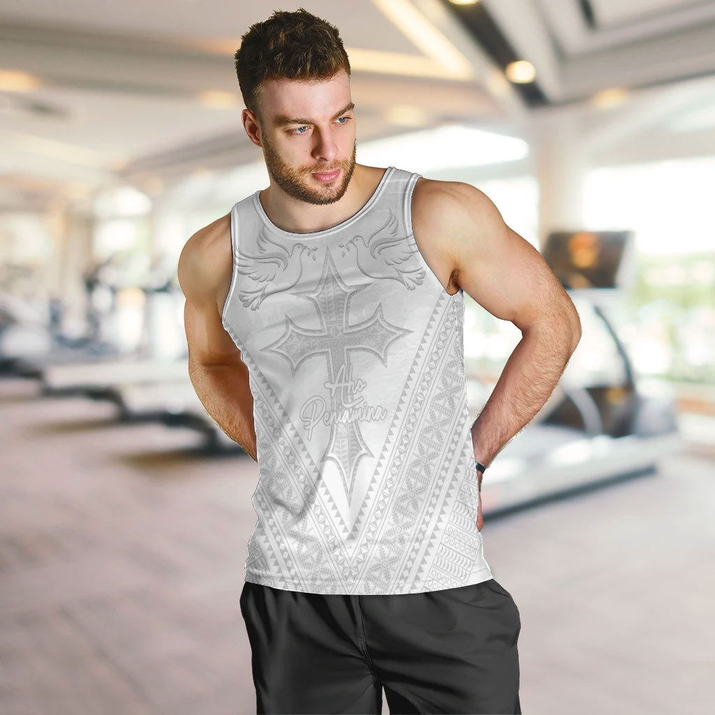 Peniamina Gospel Day Niue Men Tank Top Cross Dove Hiapo Pattern White LT14 White - Polynesian Pride