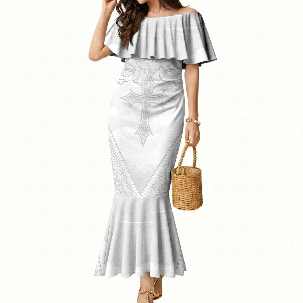 Peniamina Gospel Day Niue Mermaid Dress Cross Dove Hiapo Pattern White LT14 Women White - Polynesian Pride