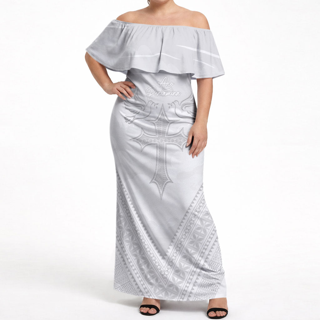 Peniamina Gospel Day Niue Off Shoulder Maxi Dress Cross Dove Hiapo Pattern White LT14 Women White - Polynesian Pride