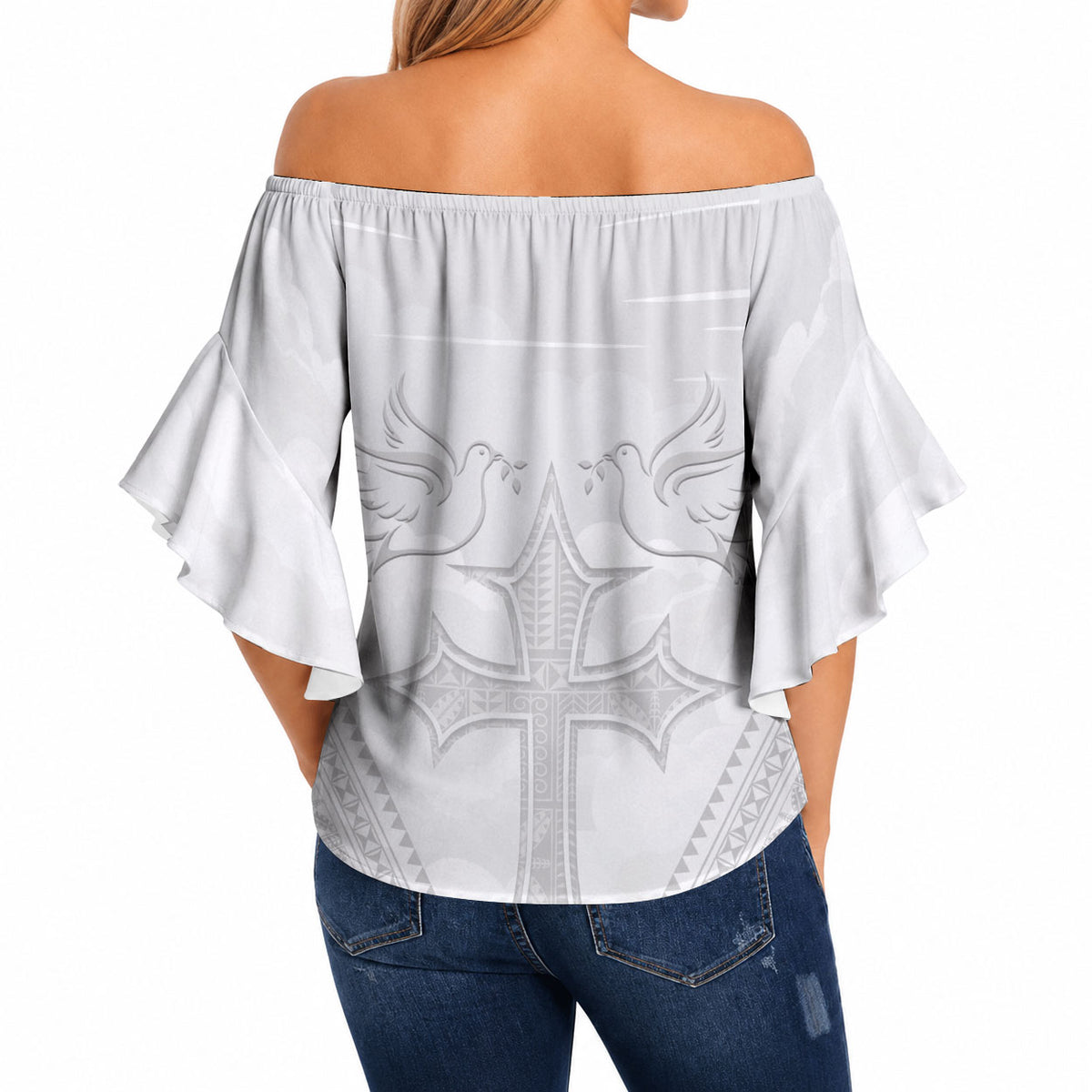 Peniamina Gospel Day Niue Off Shoulder Wrap Waist Top Cross Dove Hiapo Pattern White LT14 - Polynesian Pride