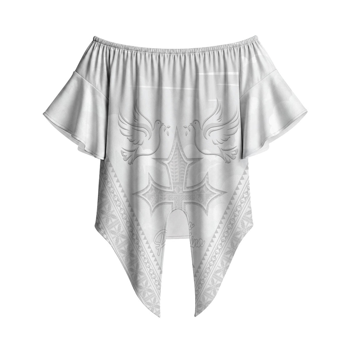 Peniamina Gospel Day Niue Off Shoulder Wrap Waist Top Cross Dove Hiapo Pattern White LT14 - Polynesian Pride