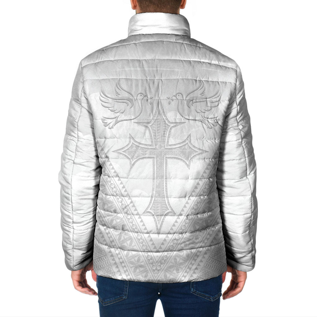 Peniamina Gospel Day Niue Padded Jacket Cross Dove Hiapo Pattern White LT14 - Polynesian Pride