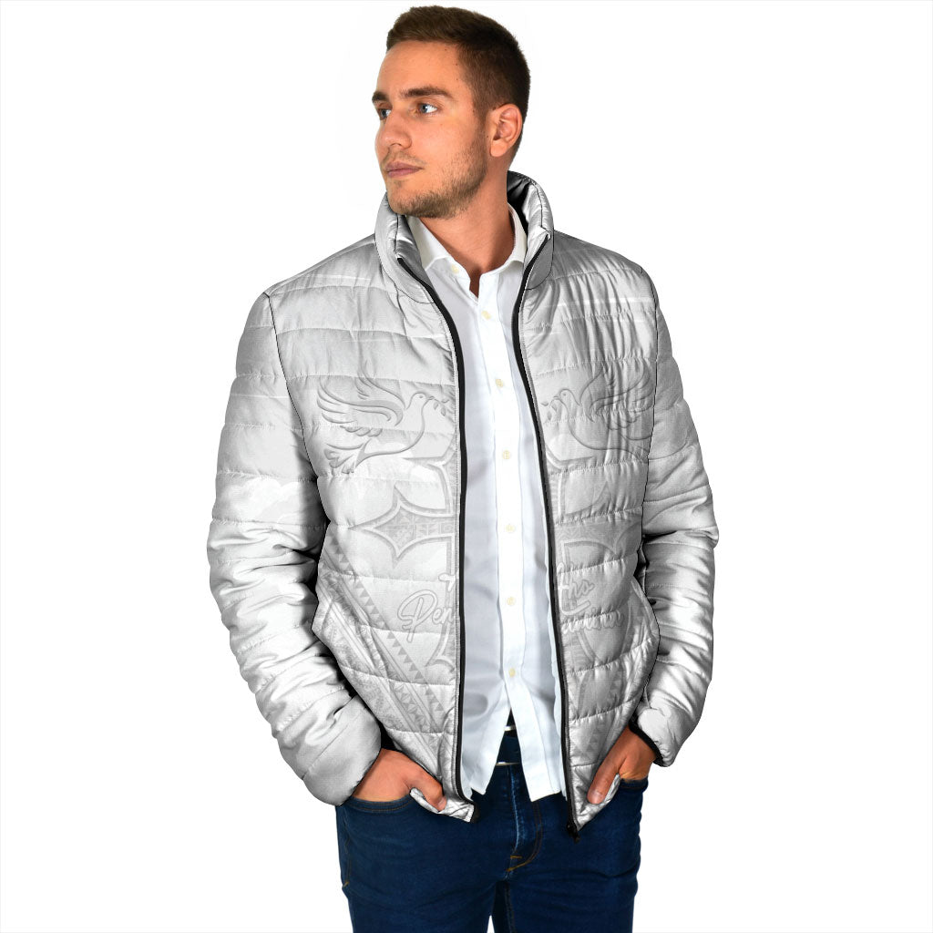 Peniamina Gospel Day Niue Padded Jacket Cross Dove Hiapo Pattern White LT14 - Polynesian Pride
