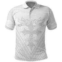 Peniamina Gospel Day Niue Polo Shirt Cross Dove Hiapo Pattern White LT14 White - Polynesian Pride
