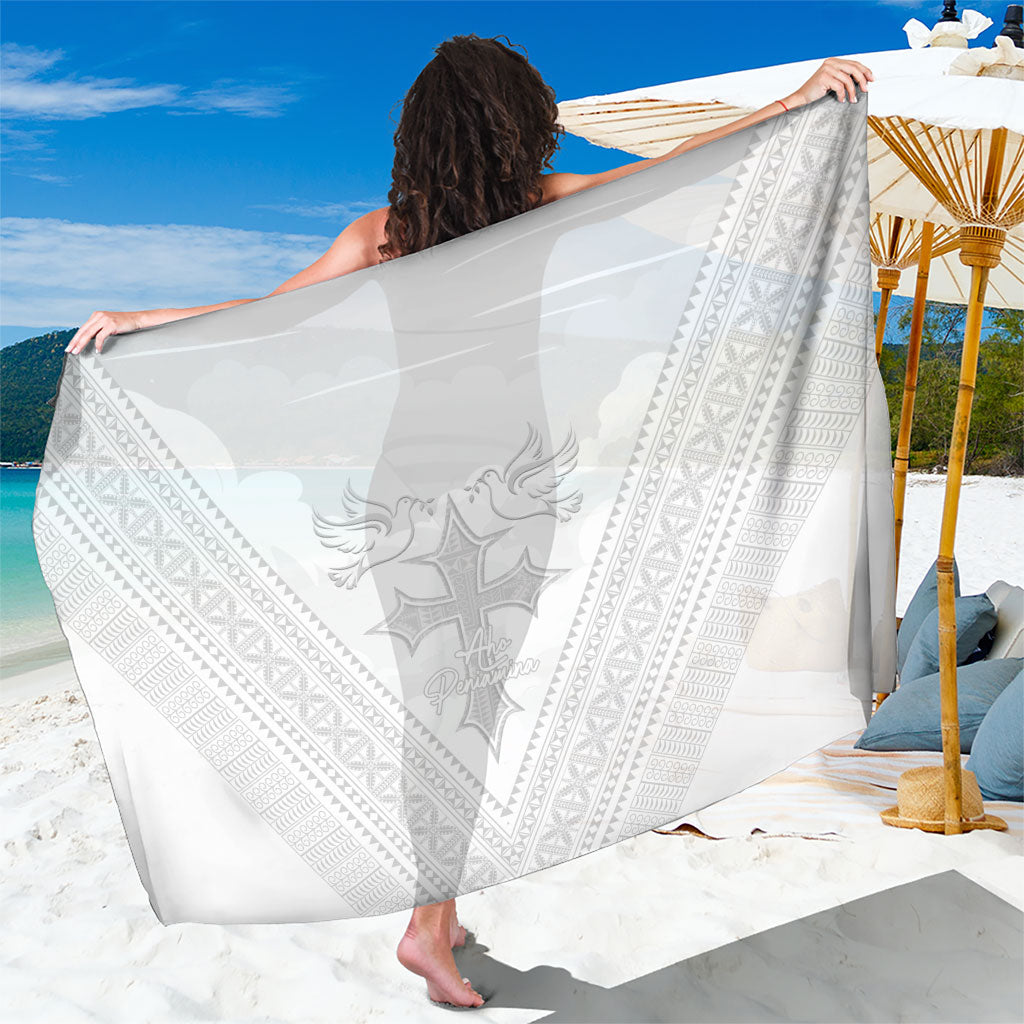 Peniamina Gospel Day Niue Sarong Cross Dove Hiapo Pattern White LT14 One Size 44 x 66 inches White - Polynesian Pride
