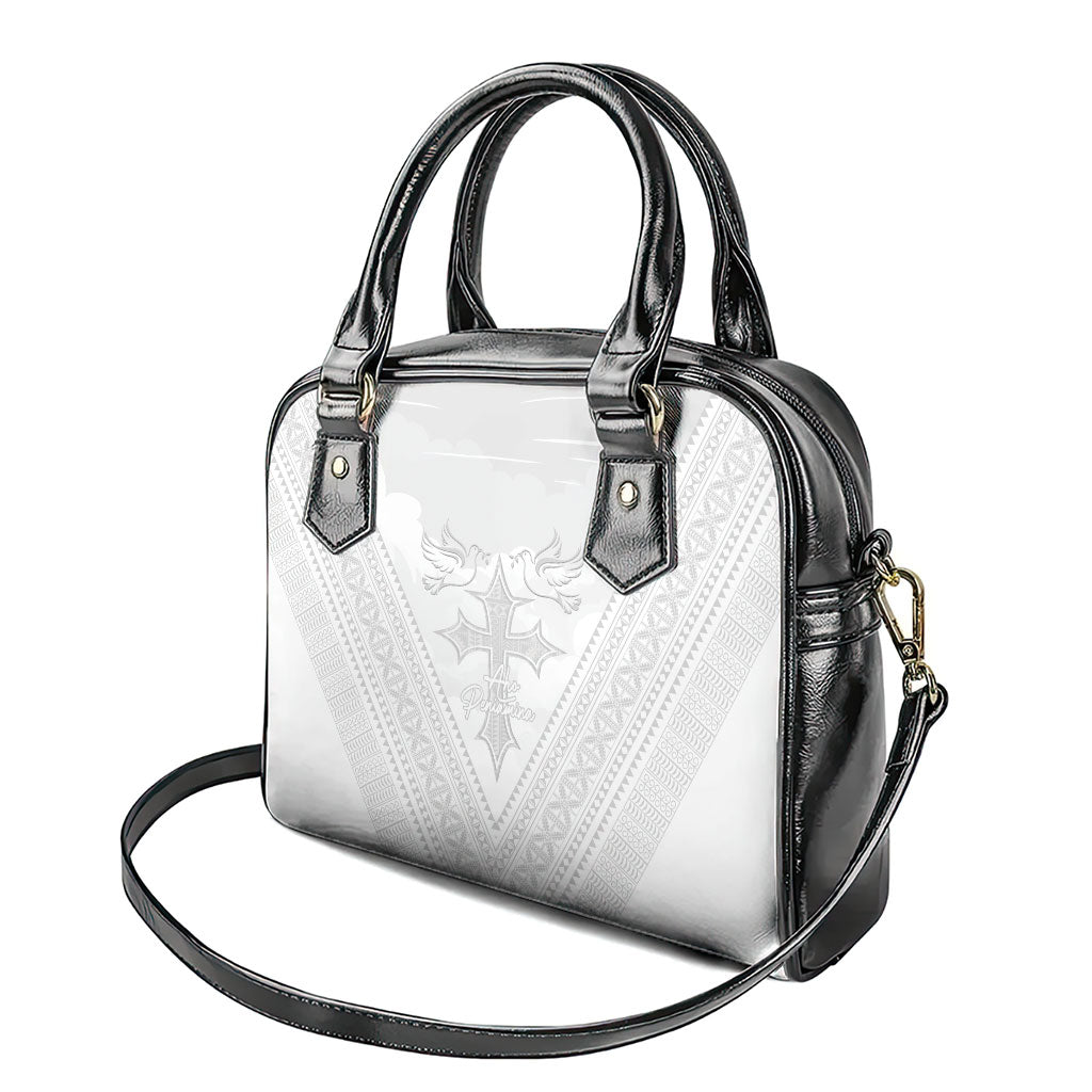Peniamina Gospel Day Niue Shoulder Handbag Cross Dove Hiapo Pattern White LT14 - Polynesian Pride