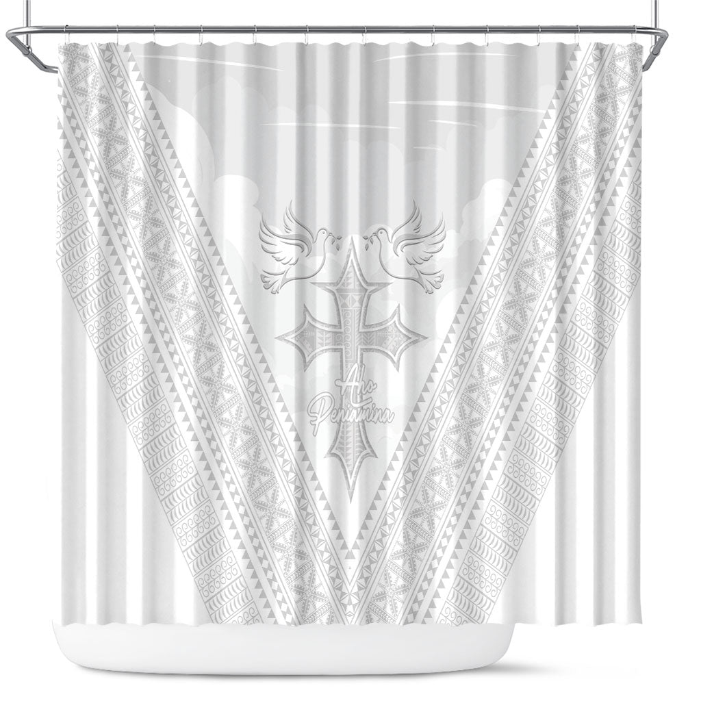 Peniamina Gospel Day Niue Shower Curtain Cross Dove Hiapo Pattern White LT14 White - Polynesian Pride