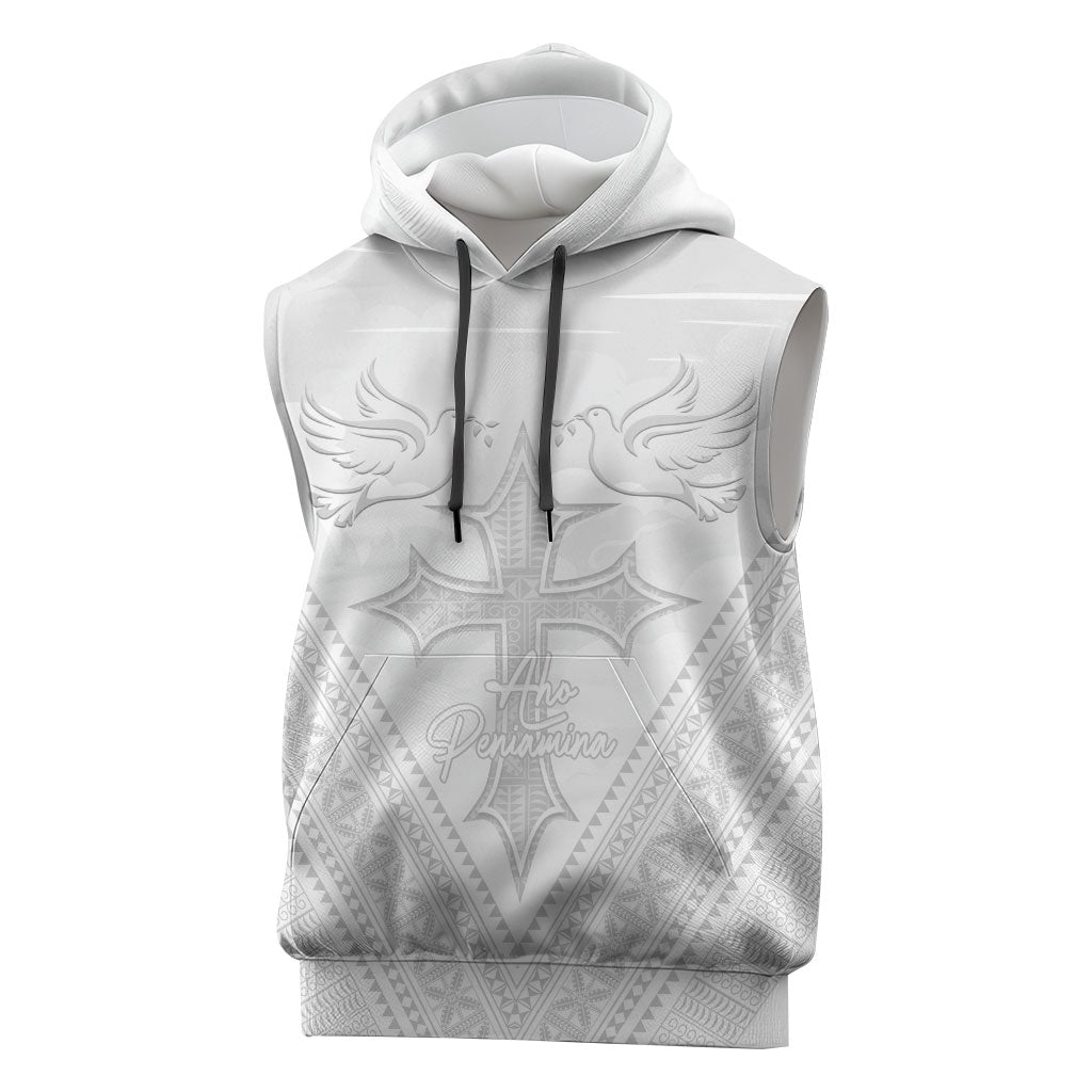 Peniamina Gospel Day Niue Sleeveless Hoodie Cross Dove Hiapo Pattern White LT14 White - Polynesian Pride