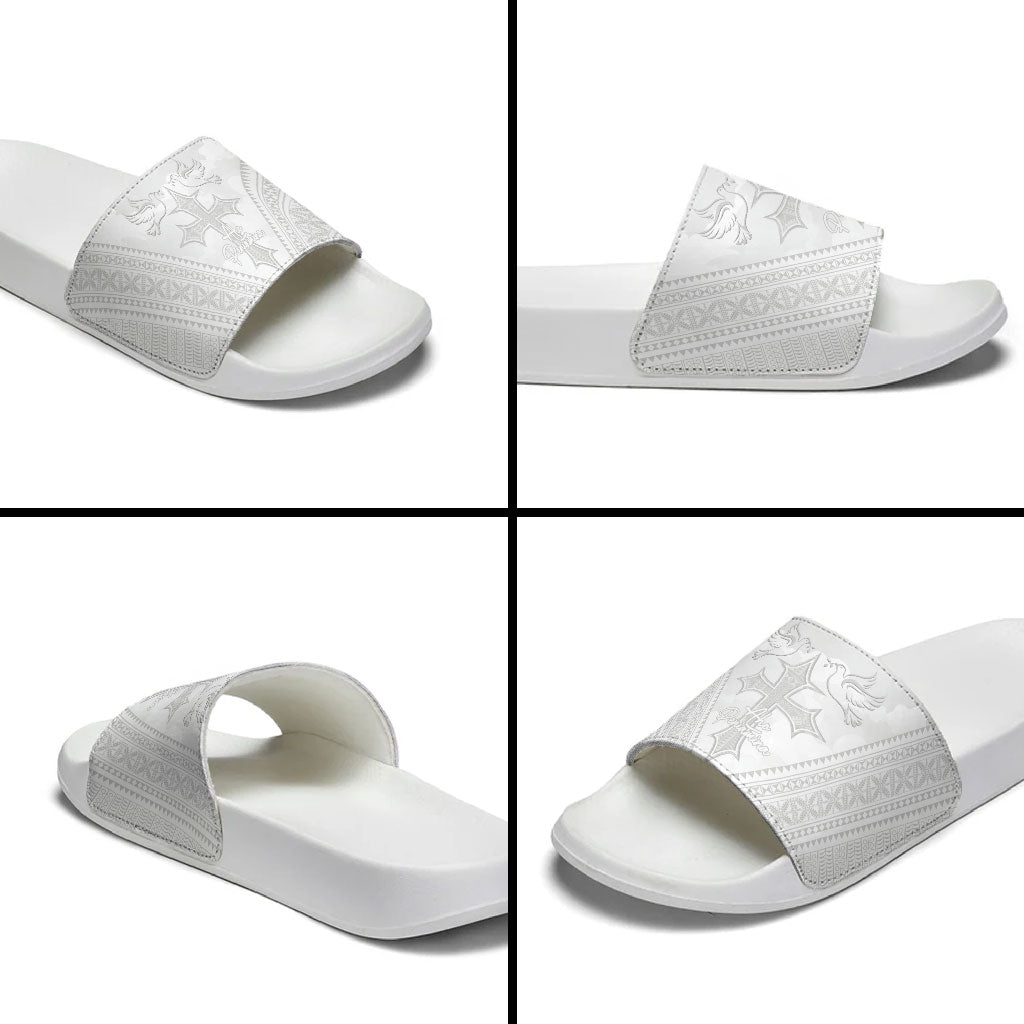 Peniamina Gospel Day Niue Slide Sandals Cross Dove Hiapo Pattern White LT14 - Polynesian Pride