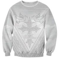 Peniamina Gospel Day Niue Sweatshirt Cross Dove Hiapo Pattern White LT14 Unisex White - Polynesian Pride