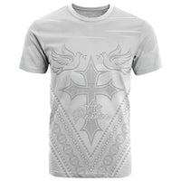 Peniamina Gospel Day Niue T Shirt Cross Dove Hiapo Pattern White LT14 White - Polynesian Pride