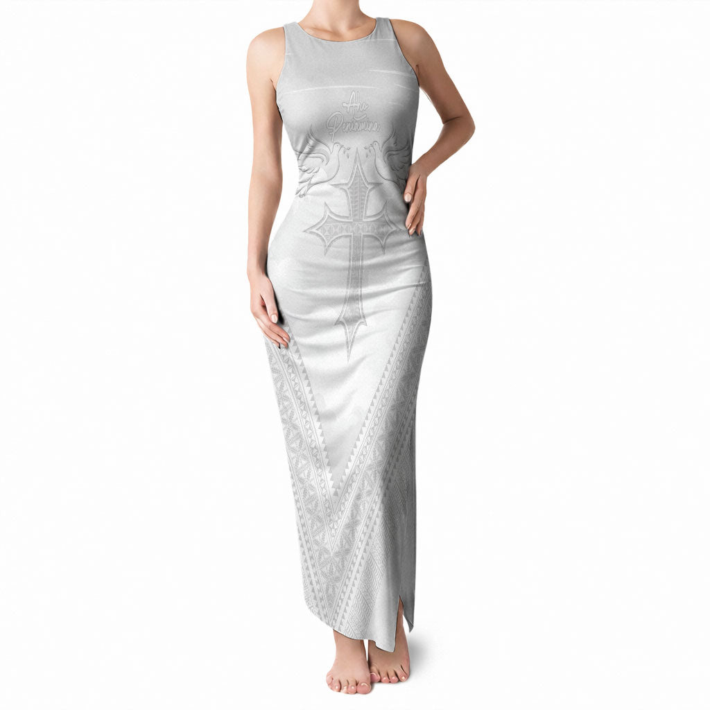 Peniamina Gospel Day Niue Tank Maxi Dress Cross Dove Hiapo Pattern White LT14 Women White - Polynesian Pride