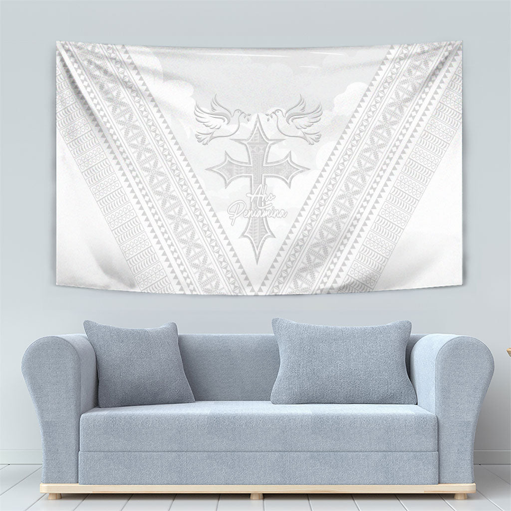 Peniamina Gospel Day Niue Tapestry Cross Dove Hiapo Pattern White LT14 - Polynesian Pride
