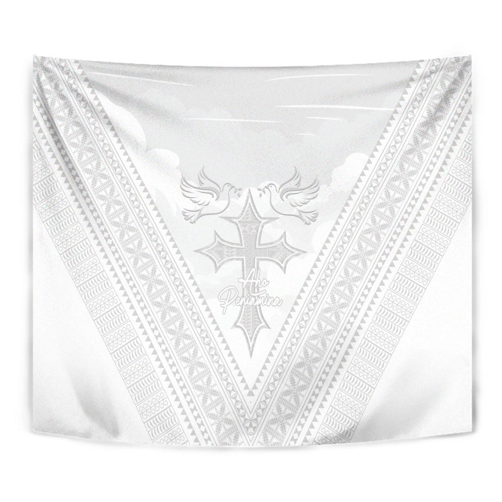 Peniamina Gospel Day Niue Tapestry Cross Dove Hiapo Pattern White LT14 - Polynesian Pride