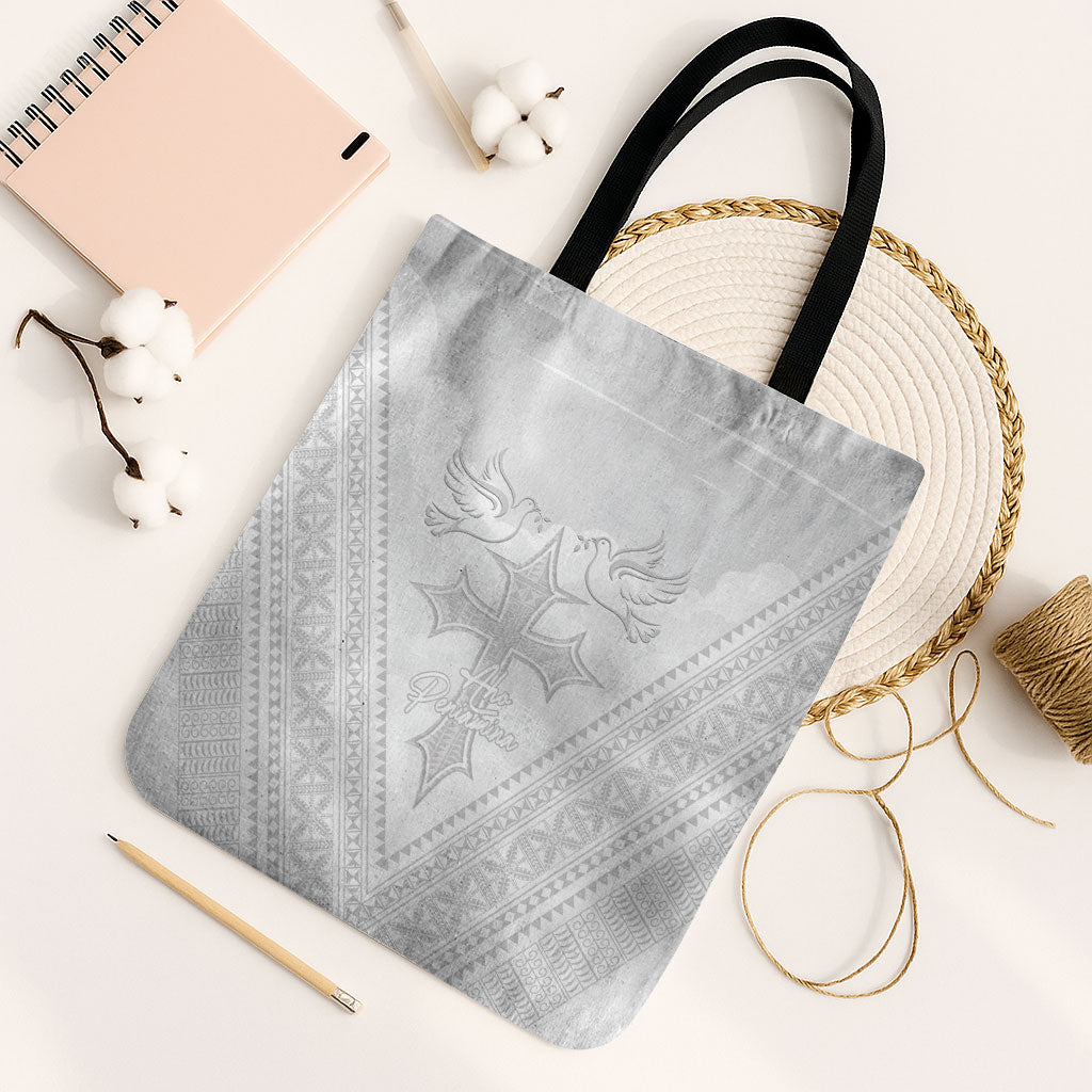 Peniamina Gospel Day Niue Tote Bag Cross Dove Hiapo Pattern White LT14 Black Strap One Size White - Polynesian Pride