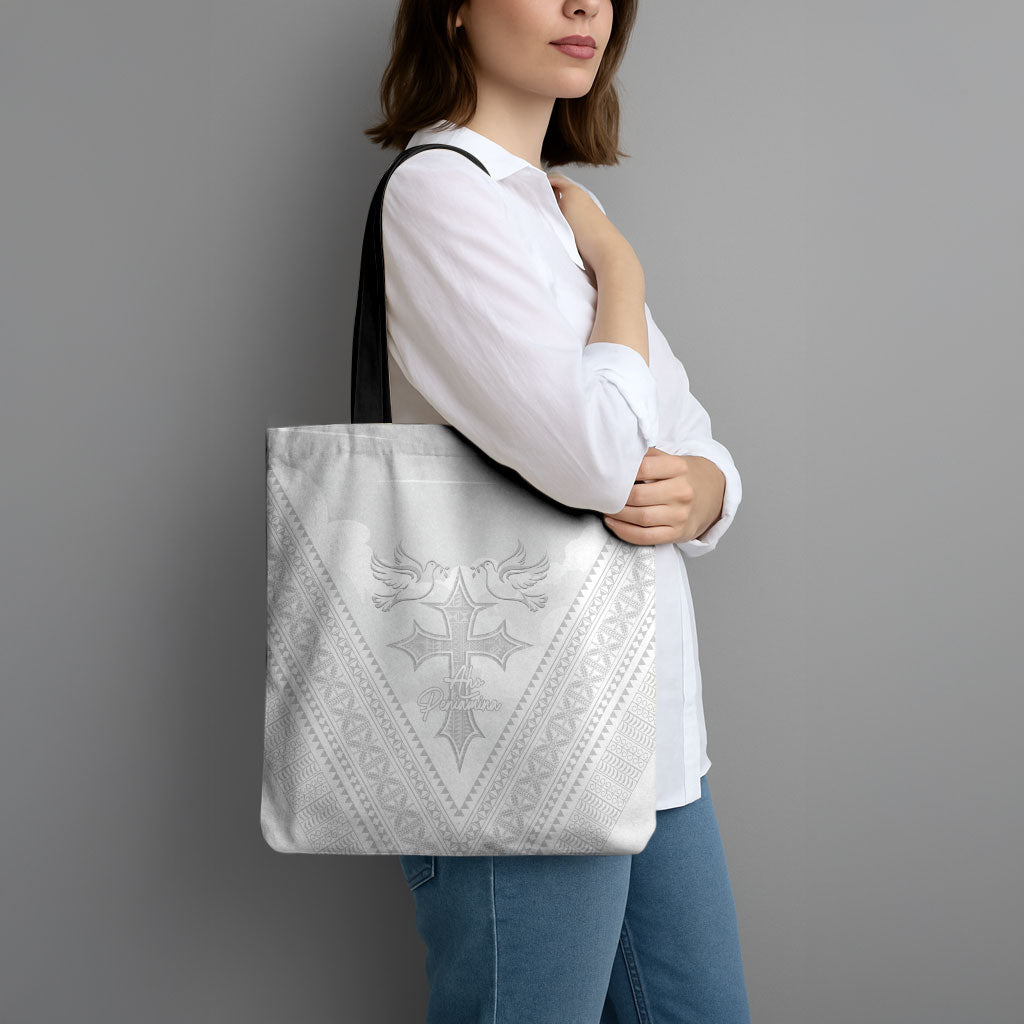 Peniamina Gospel Day Niue Tote Bag Cross Dove Hiapo Pattern White LT14 - Polynesian Pride