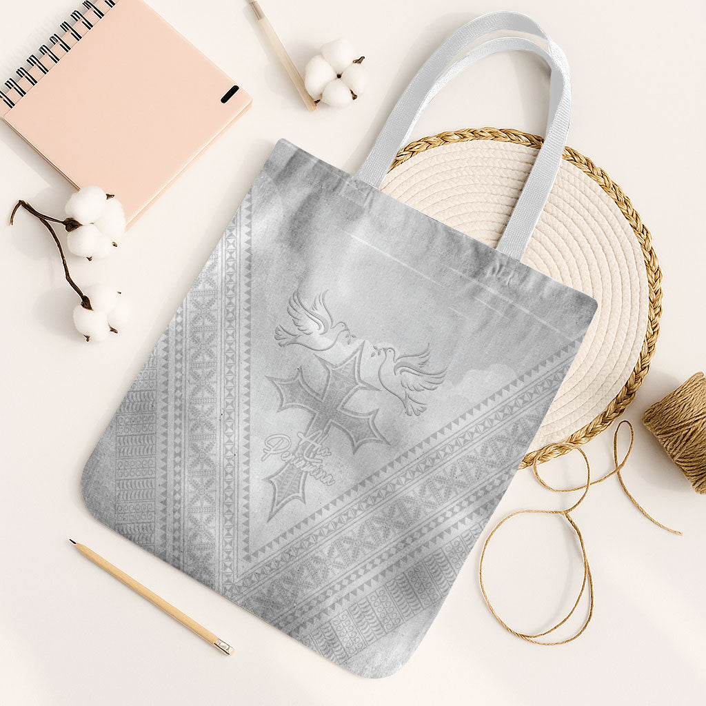 Peniamina Gospel Day Niue Tote Bag Cross Dove Hiapo Pattern White LT14 White Strap One Size White - Polynesian Pride