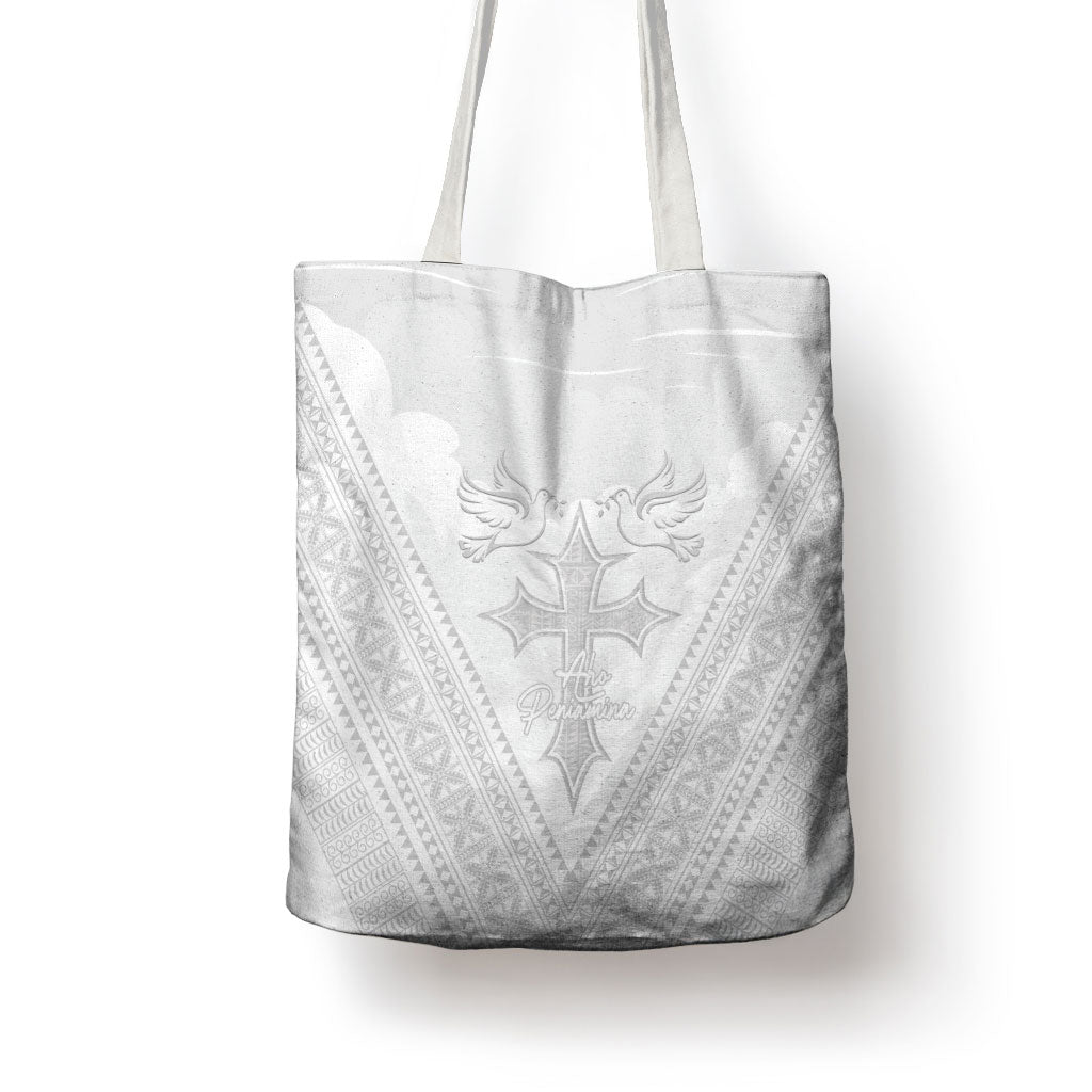Peniamina Gospel Day Niue Tote Bag Cross Dove Hiapo Pattern White LT14 - Polynesian Pride