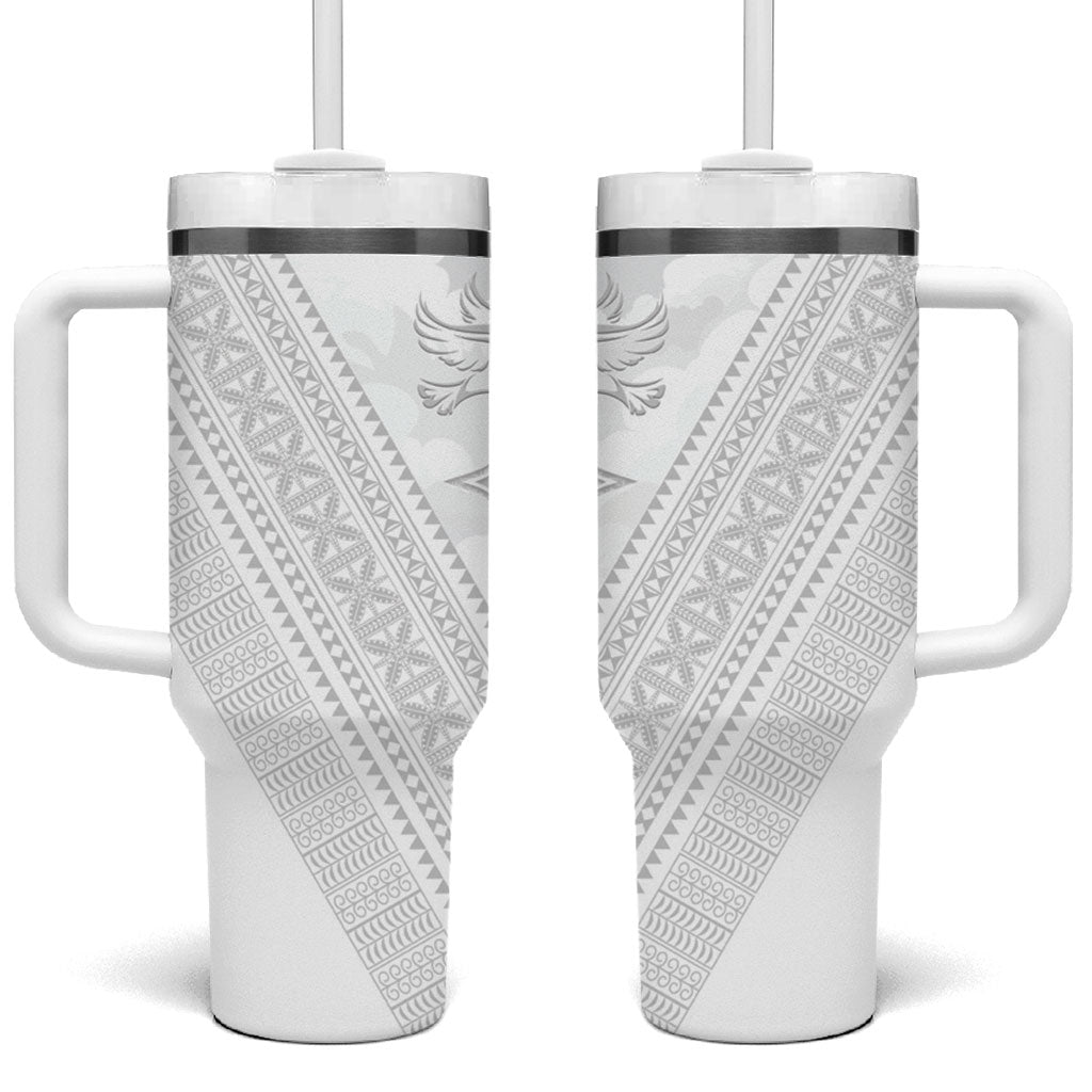 Peniamina Gospel Day Niue Tumbler With Handle Cross Dove Hiapo Pattern White LT14 One Size: 40 oz White - Polynesian Pride