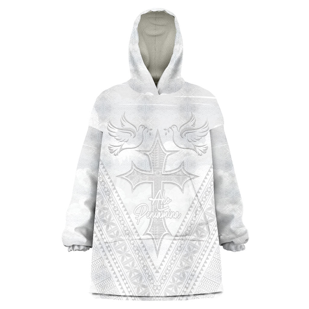Peniamina Gospel Day Niue Wearable Blanket Hoodie Cross Dove Hiapo Pattern White LT14 One Size White - Polynesian Pride