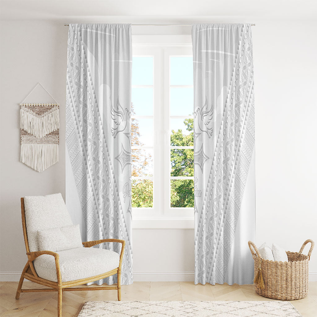Peniamina Gospel Day Niue Window Curtain Cross Dove Hiapo Pattern White LT14 - Polynesian Pride
