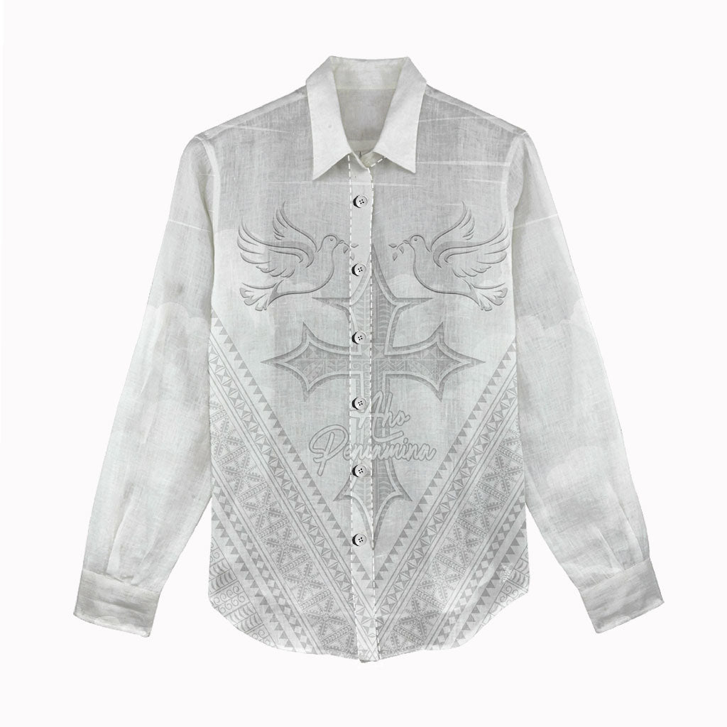 Peniamina Gospel Day Niue Women Casual Shirt Cross Dove Hiapo Pattern White LT14 - Polynesian Pride