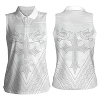 Peniamina Gospel Day Niue Women Sleeveless Polo Shirt Cross Dove Hiapo Pattern White LT14 - Polynesian Pride