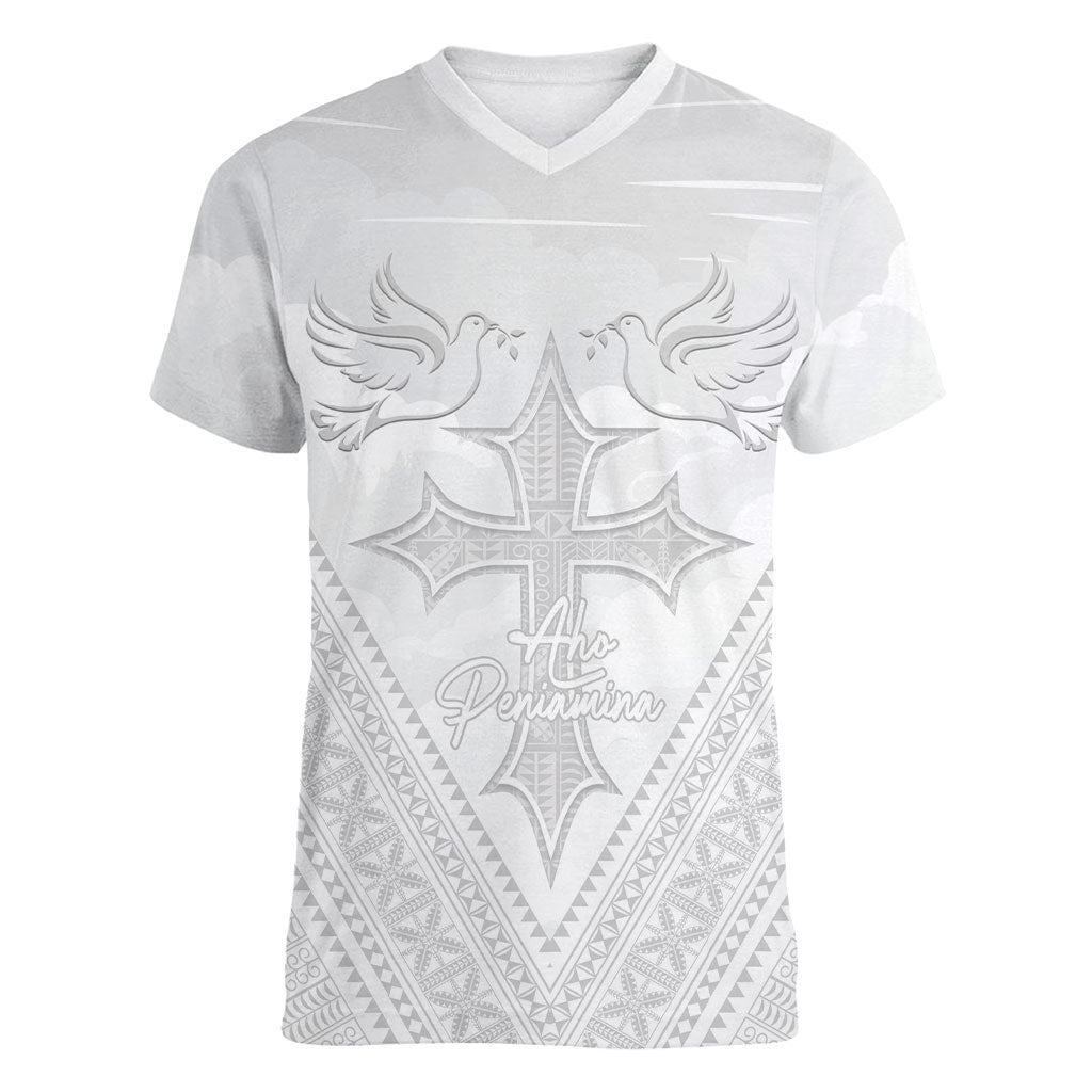 Peniamina Gospel Day Niue Women V-Neck T-Shirt Cross Dove Hiapo Pattern White LT14 Female White - Polynesian Pride
