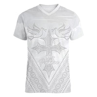 Peniamina Gospel Day Niue Women V-Neck T-Shirt Cross Dove Hiapo Pattern White LT14 Female White - Polynesian Pride