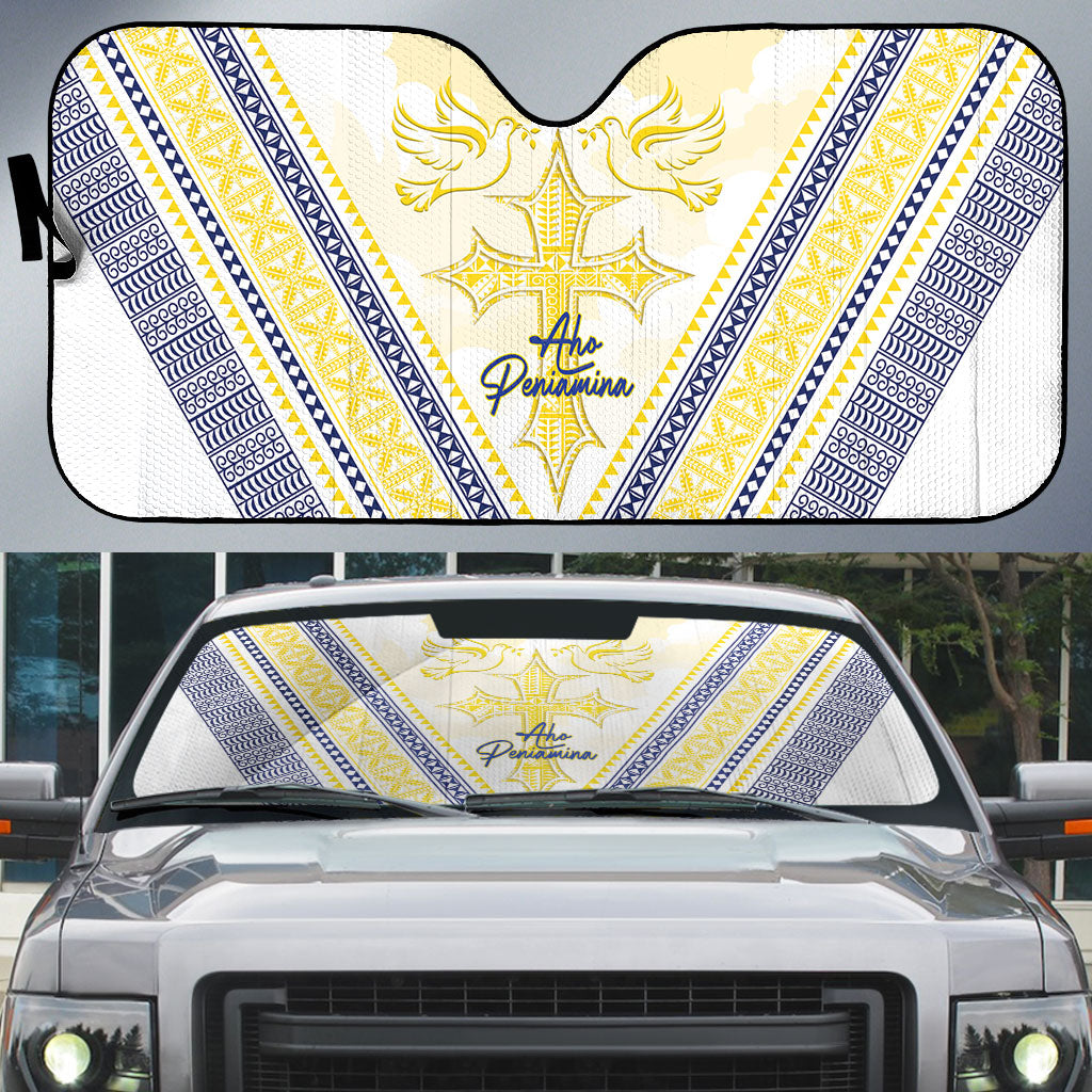 Peniamina Gospel Day Niue Auto Sun Shade Cross Dove Hiapo Pattern Yellow LT14 Yellow - Polynesian Pride