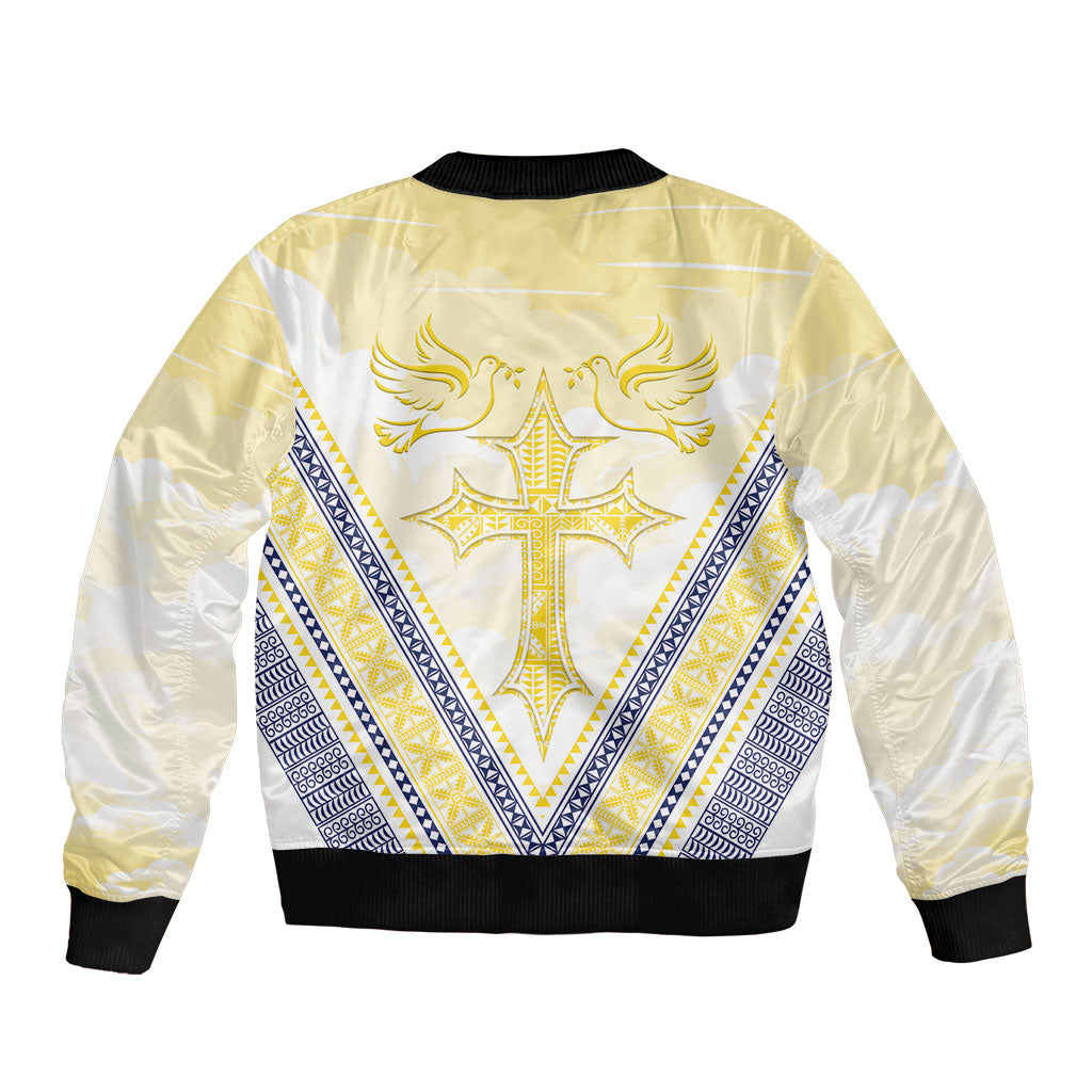 Peniamina Gospel Day Niue Bomber Jacket Cross Dove Hiapo Pattern Yellow LT14 - Polynesian Pride